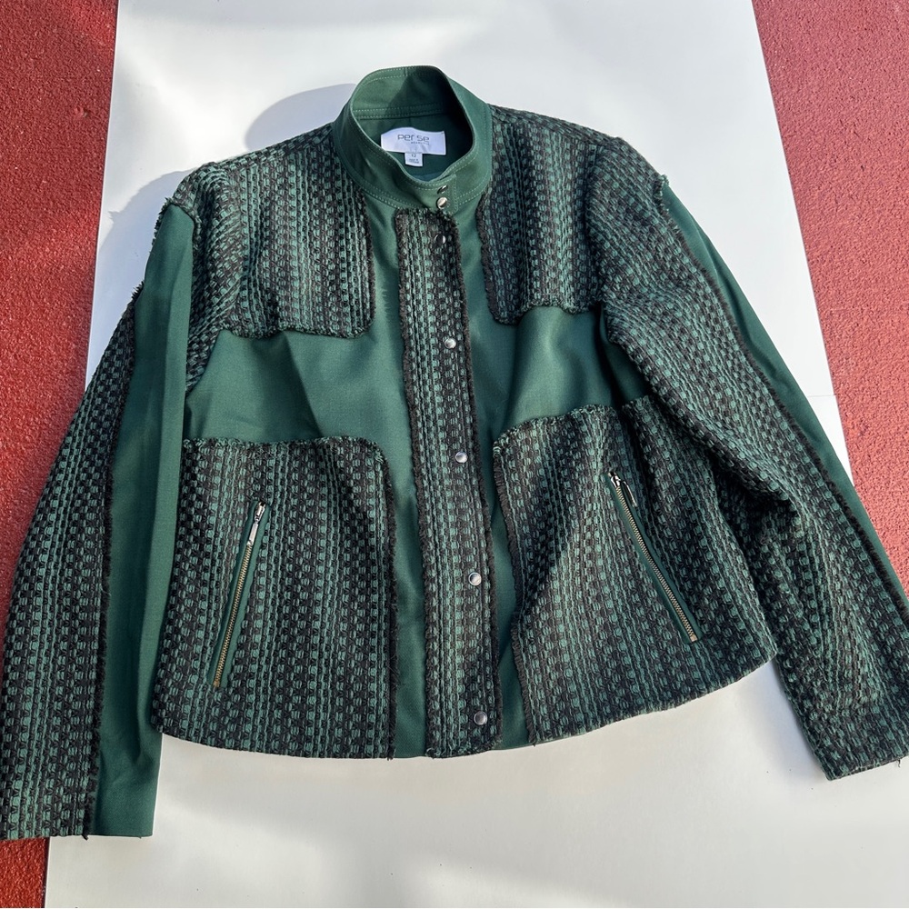 PER SE BY CARLISLE $695 Woven Fringe Tweed Zip Snap Up Jacket Top Size 12